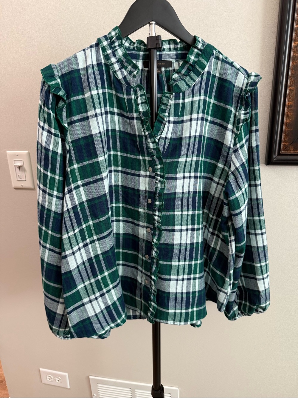 Frye Green & Navy Plaid Ruffle-Trim Button Front Blouse